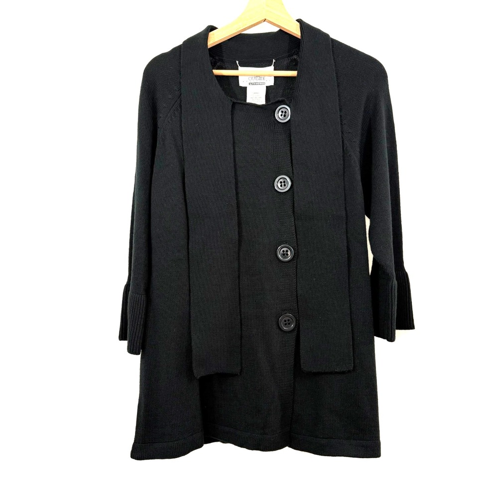 NWT QVC Outside Additions Black Long Sweater Buttons Scarf Tie, Size Small